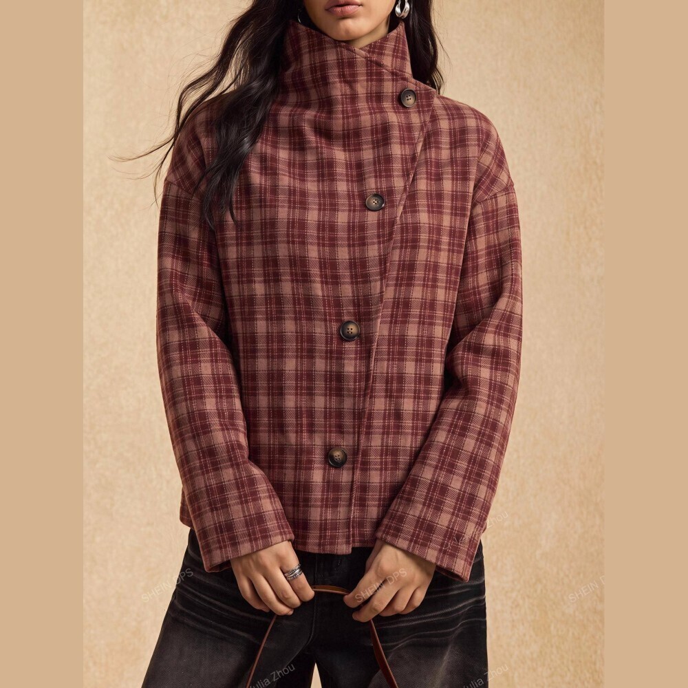 Burgundy Plaid Stand Collar Asymmetric Button Front Oversized Trench Jacket